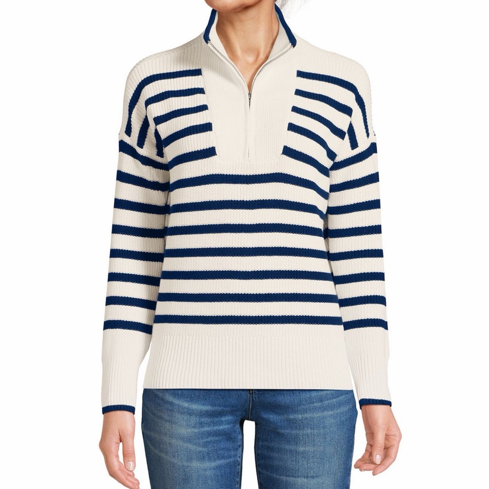 NWT Sz M (10-12) Lands’ End Drifter Quarter Zip Sweater Ivory Navy Stripe
